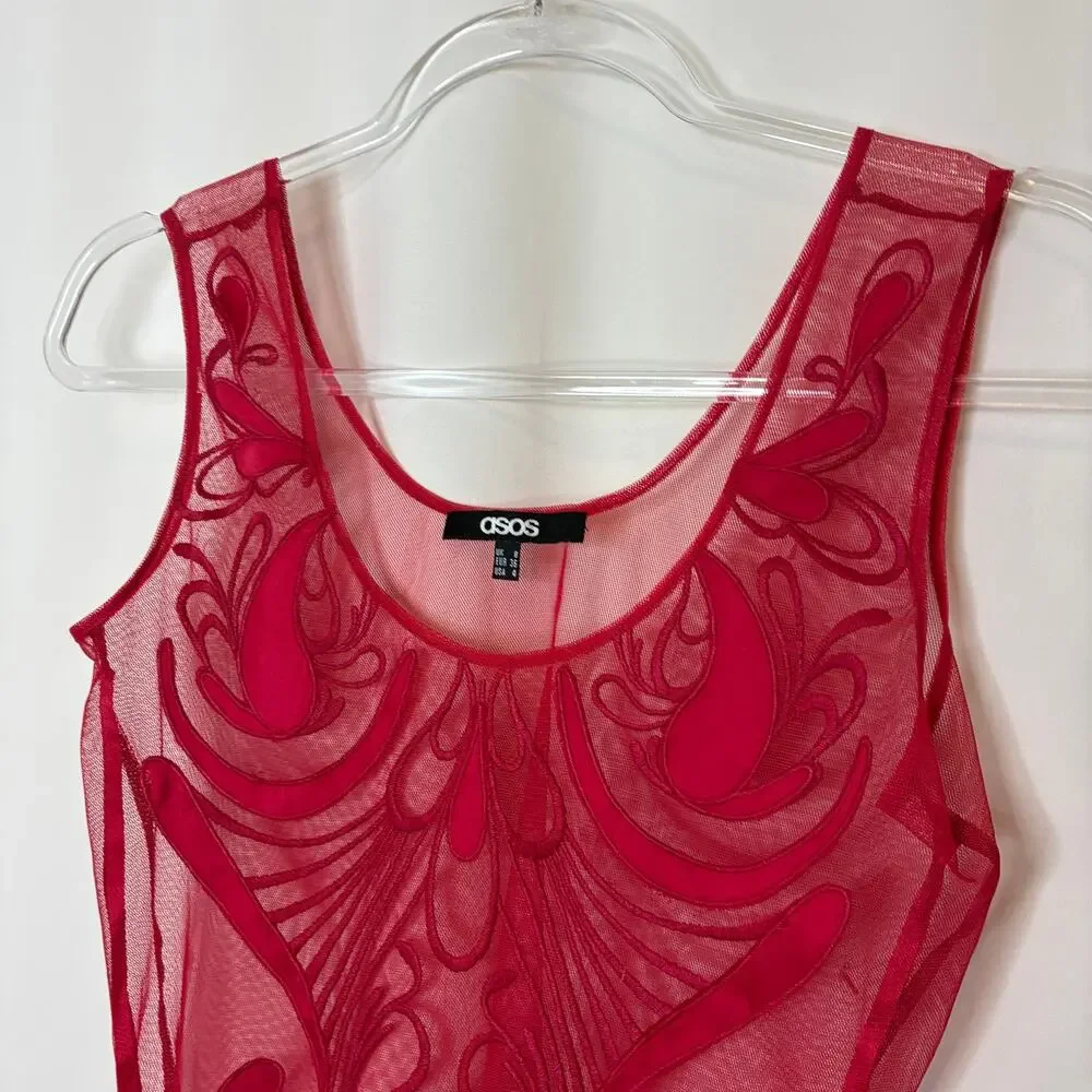 ASOS Bright Red Sheer Embroidered Tank Top 100% Polyester Womens 4